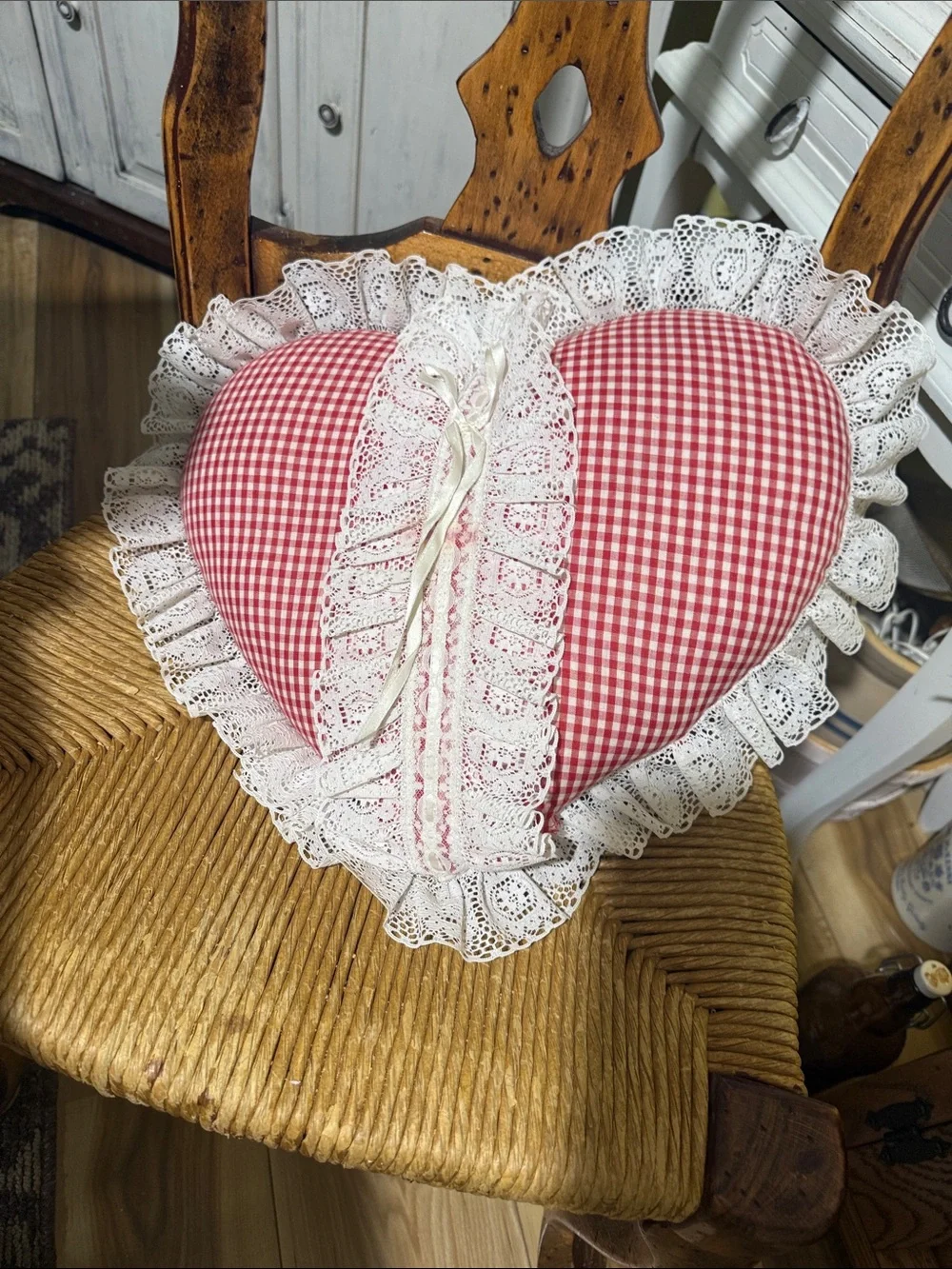 Handmade Heart Pillow - Red Gingham with Lace